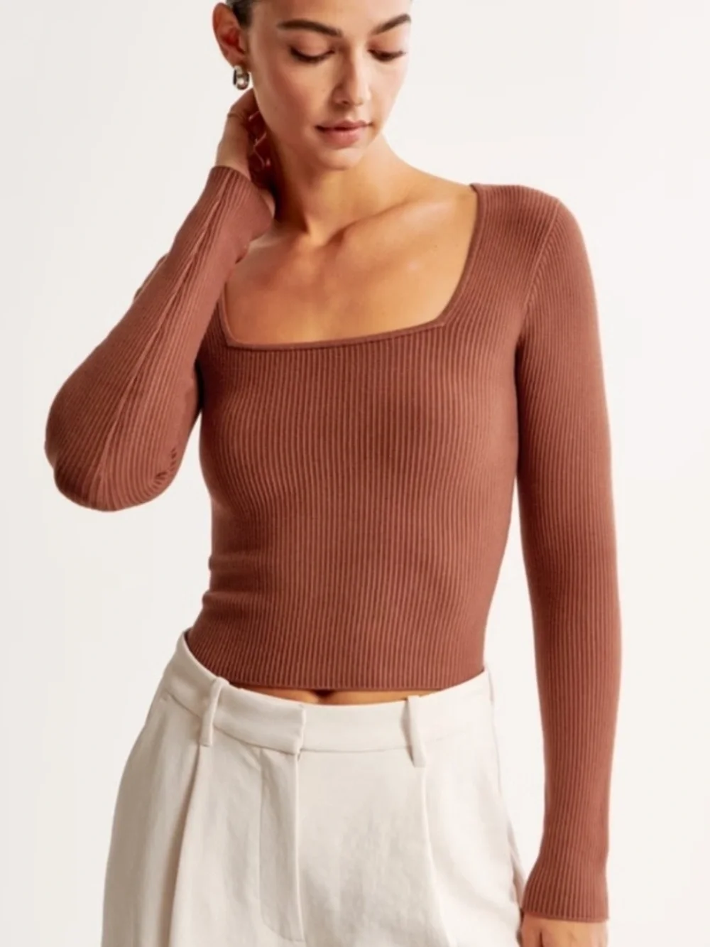 Abercrombie Ribbed Ottoman Squareneck Long Sleeve Top Women Small Fitted